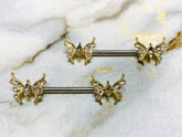 14G Gold Butterfly with Marquise Center Stone Nipple Barbells. Nipple Piercings. Nipple Rings. Nipple Jewelry